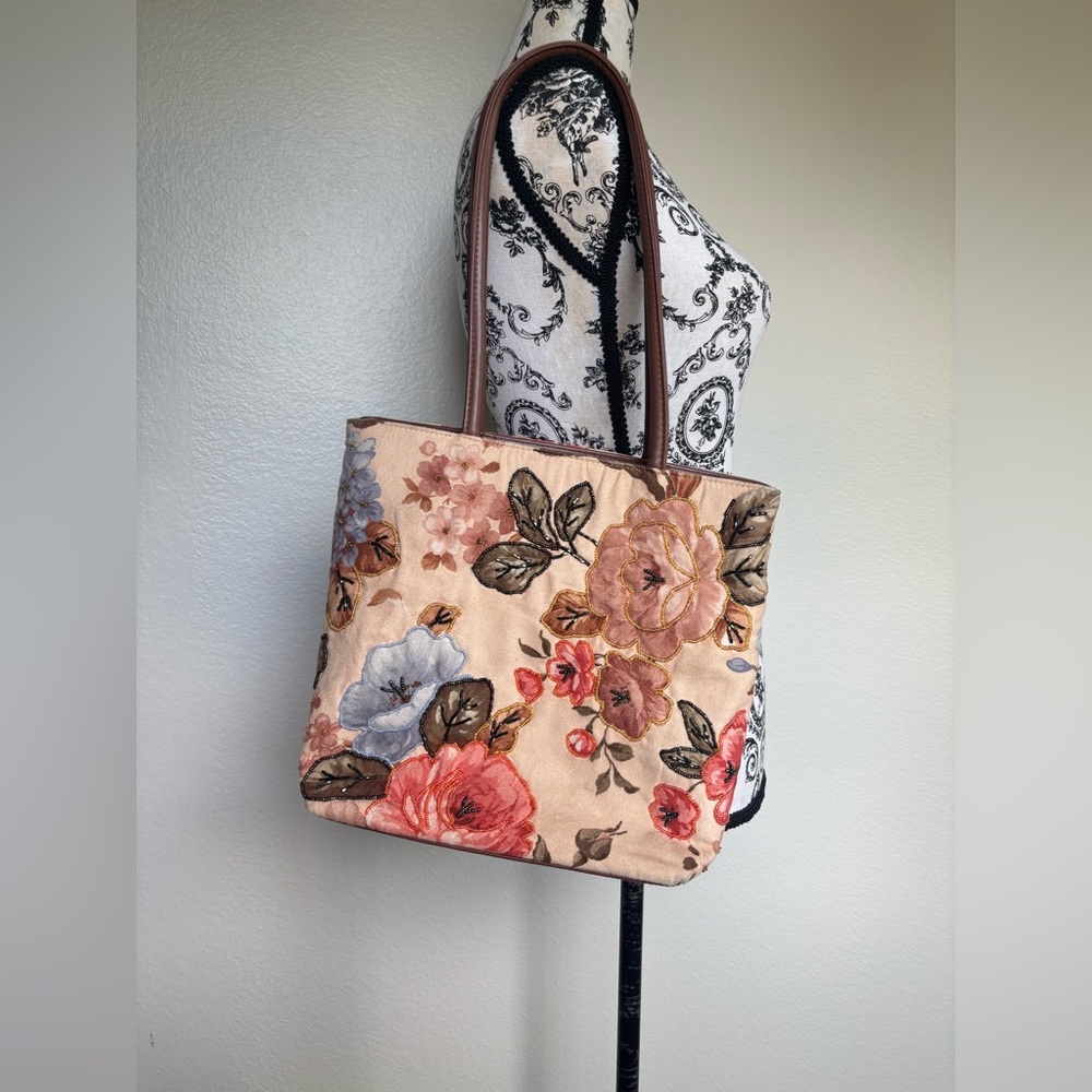 Bueno Floral Embroidered Tote - Pink Beige Multicolor beaded embellishment boho